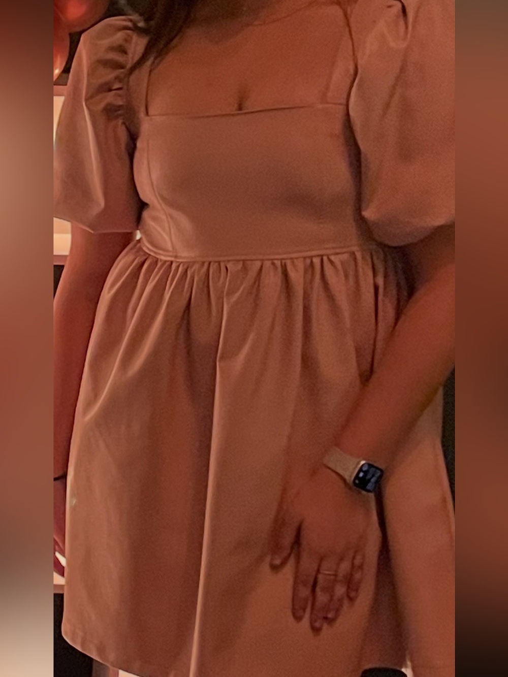 Square Neck Puff Sleeve Dress in Blush in Pleather worn 1x